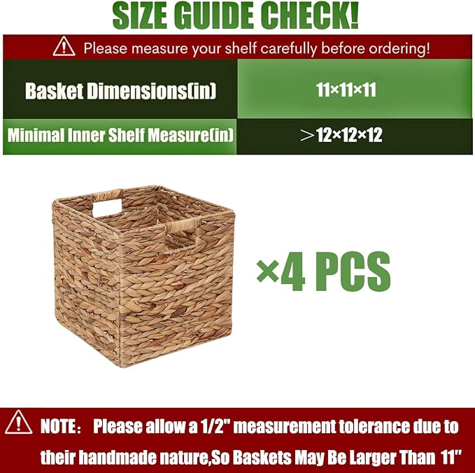 11x11in Storage Baskets 4 Pcs Water Hyacinth Baskets,Foldable Handwoven Storage Cubes - Image 2