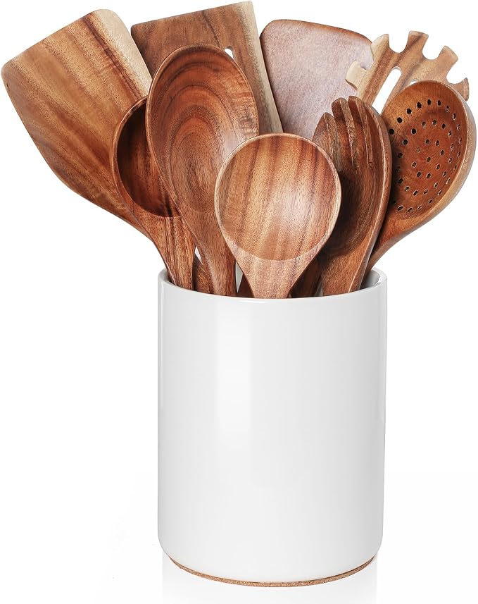 Nucookery Wooden Cooking Utensils Set with Holder, Nonstick Wooden Spoons for Cooking Spatula Set 10 Pcs, Teak Wood Kitchen Utensils Set, Ceramic Utensils Holder for Countertop, White by Nucookery