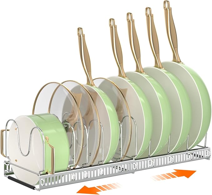 MUDEELA Expandable Pot Pan Lid Organizers inside Cabinet, 10 Divider-Silver | Expandable 11.8–22.9", 10 Adjustable Divider, Tool-Free Assembly, Non-Slip, Scratch-Proof, For Pan Lid Cutting Board Bakeware by MUDEELA