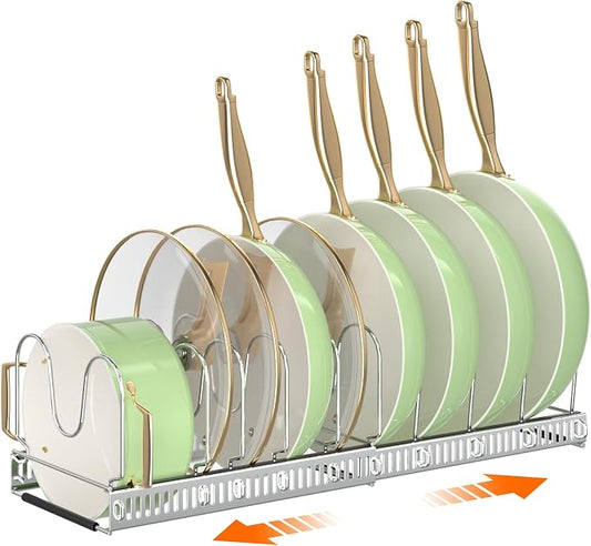 MUDEELA Expandable Pot Pan Lid Organizers inside Cabinet, 10 Divider-Silver | Expandable 11.8–22.9", 10 Adjustable Divider, Tool-Free Assembly, Non-Slip, Scratch-Proof, For Pan Lid Cutting Board Bakeware by MUDEELA