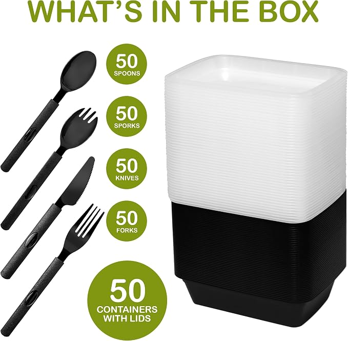 NEW Meal Prep Containers 38oz Lids Utensils 50-Pack 300 Pieces Reusable Sturdy Plastic Bento Box Single Compartment Takeout Food Stackable Leakproof Storage BPA-Free Microwave Freezer Dishwasher - Image 2