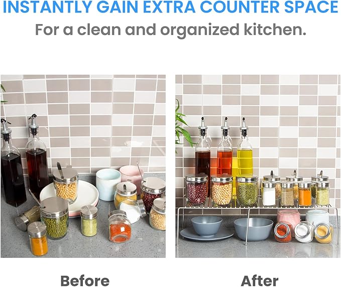 Tomorotec Spice Rack Cabinet Organizer, Expandable Steel, Kitchen, Silver | Stackable Two-Pack Storage Shelves with Anti-Slip Protective Rubber Feet for Pantry or Countertop - Image 4