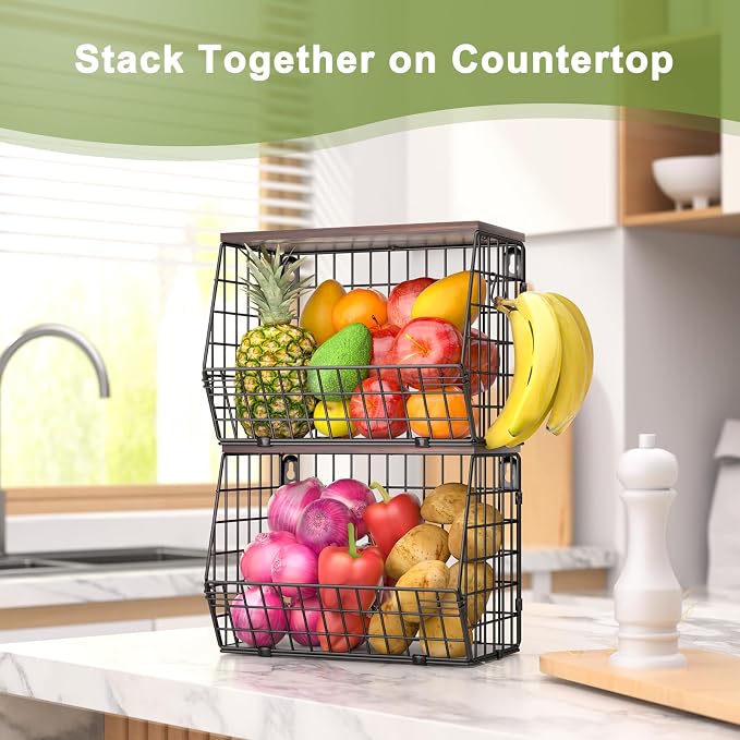 Wawocs Fruit Basket for Kitchen Counter 2 Tier Fruit Bowl, Stackable Wall Mounted Hanging Fruit Basket Wire Baskets with Wood Lid with 4 Banana Hanger Hooks, Onion Basket, Fruit and Vegetable Storage - Image 6