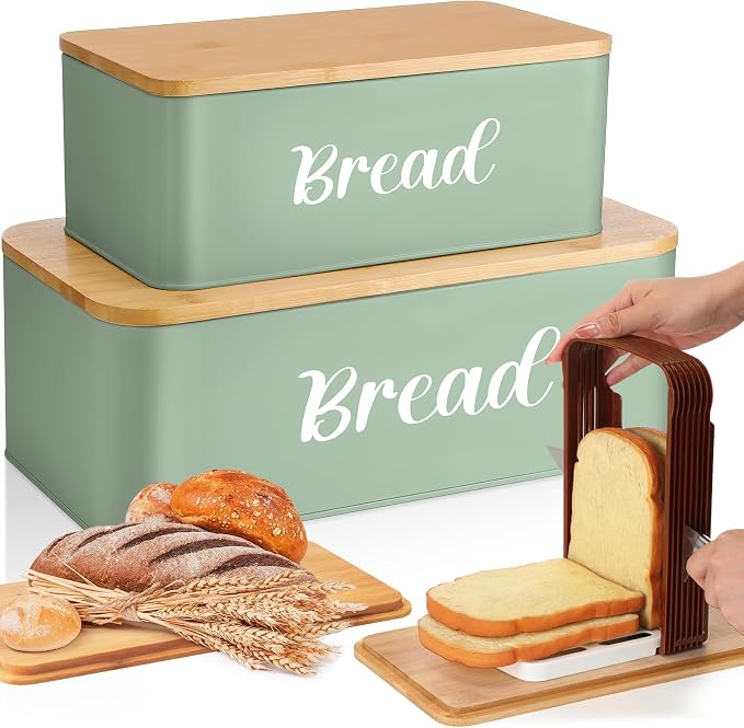 Teenyyou 2 Pcs Extra Large Bread Box with Slicer, Metal Bread Storage Container with Bamboo Cutting Board Lids, 2 Sizes Farmhouse Breadbox Set for Kitchen Countertop(Sage Green) by Teenyyou