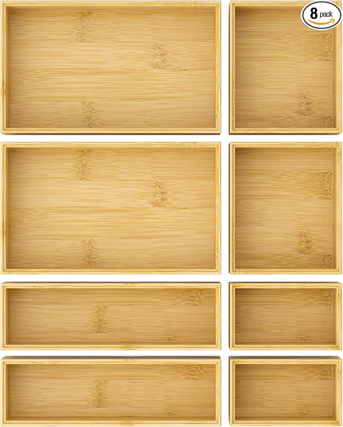Bathroom Drawer Organizer Trays, Bamboo Silverware Drawer Organizer Kitchen Utensils, 8 PCS Wood Box Stackable Bins for Makeup, Office Desk, Vanity, Junk Drawer by Greatseas