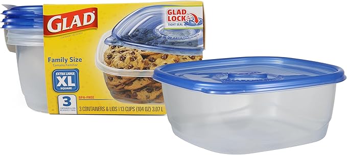 Glad GladWare XL Square Food Storage Containers, 104 Oz, 3 Count | BPA-free, dishwasher-safe containers for leftovers, meal prep, and freezer storage; family-size capacity by GladTrashFoodStorage
