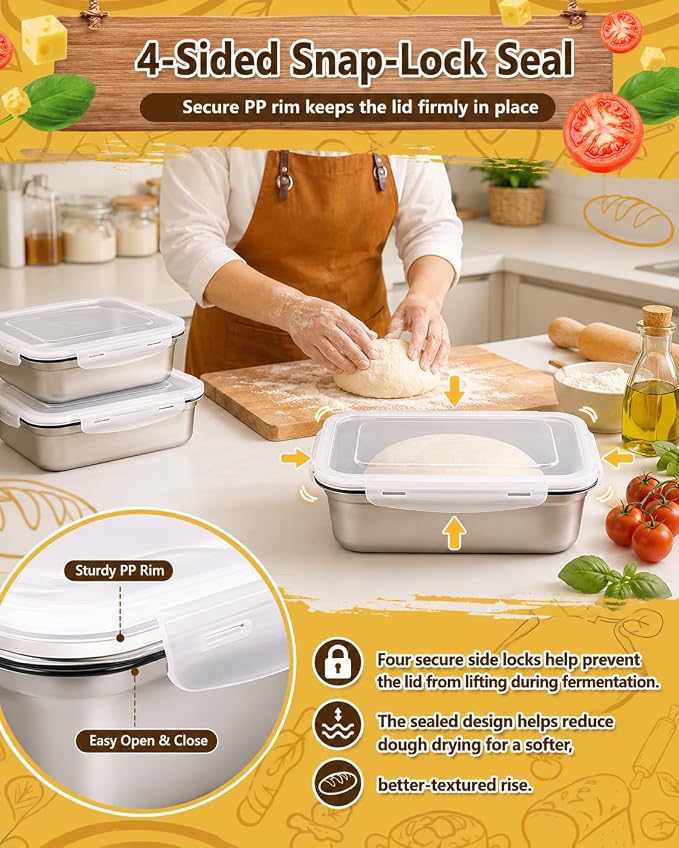 2 Pack Pizza Dough Tray, 10L Stainless Steel Pizza Dough Proofing Container with Clear Airtight Lid, Stackable Fermentation Storage for Dough Balls & Bread, Includes Cutter - Image 3