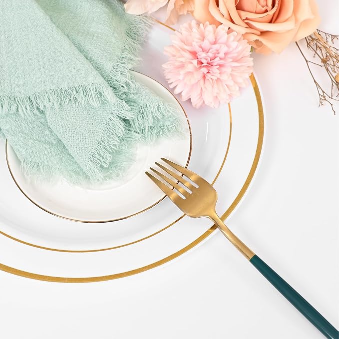 50 Pack Sage Green Cloth Napkins, 16 x 16 Inch Cotton with Fringe Settings | Handmade washable reusable cotton dinner napkins in bulk for weddings, parties, rustic boho table settings - Image 6