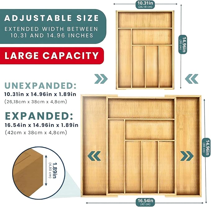 Sben Expandable Drawer Organizer for Utensils Holder, Adjustable Cutlery Tray, Wood Drawer Dividers Organizer for Silverware, Flatware, Knives for Kitchen (Bamboo, Medium) - Image 2