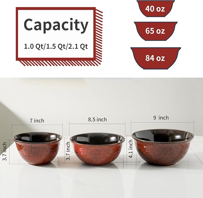 Hasense Mixing Bowls Set of 3, Procelain Serving Bowls Set for Cooking, Baking, Large Nesting Bowls for Salads, Fruit, 2.1/1.5/1.0 Qt, Dishwasher & Microwave Safe, Red - Image 5