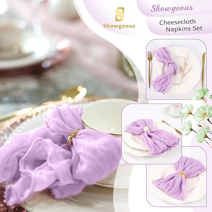10 Pack Lilac Purple Cheesecloth Napkins 20"x20" Boho Washable Cloth Napkins Set of 10 Wrinkled Cheese Cloth Napkins Gauze Dinner Table Napkin for Wedding Party Baby Shower Birthday Decor - Image 4