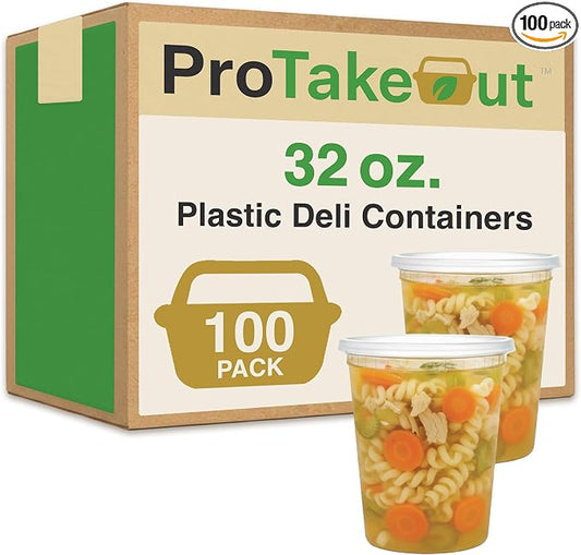 Reusable Plastic BPA-Free Food Storage Deli Container Leak‑Proof | 32oz, 100 set, Heavy Duty, Microwave, Freezer & Dishwasher Safe, Stackable by ProTakeOut