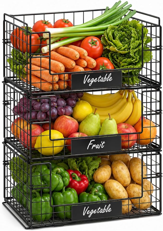 3 Pack XXL Stackable Wire Baskets with Handles & Name Plates | Pantry Organizers and Storage, Snack Organizer & Vegetable Basket & Metal Pantry Bin, Large Capacity, Durable and Sturdy by keomaisyto