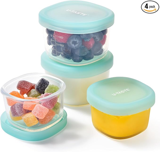 U-Taste Silicone Container with Lids, Small Mini Food Storage, 3oz&6oz*2 | Food Grade Liquid Silicone, Leak-Proof Airtight Lids, Freezer & Microwave Safe, Mini Sauce Tupperware with Clear Measurements by U-Taste