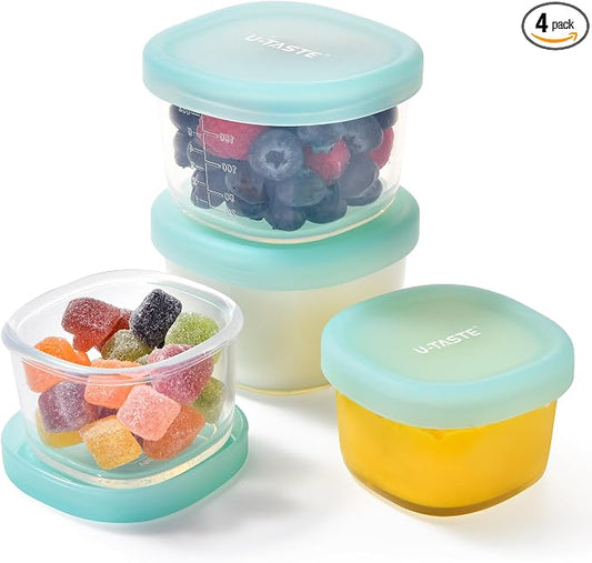 U-Taste Silicone Container with Lids, Small Mini Food Storage, 3oz&6oz*2 | Food Grade Liquid Silicone, Leak-Proof Airtight Lids, Freezer & Microwave Safe, Mini Sauce Tupperware with Clear Measurements by U-Taste