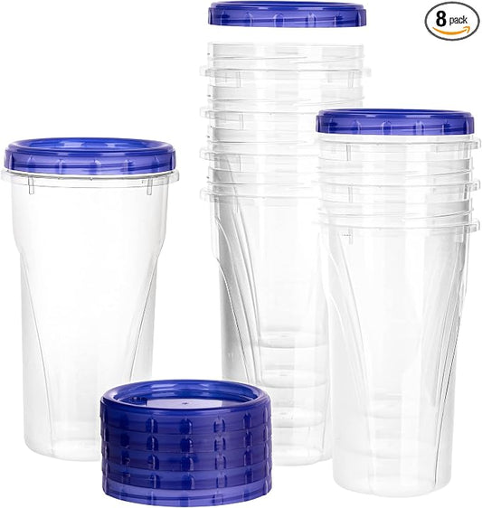 PLASTICPRO [48 oz 8 Pack] Twist Top Deli Containers Clear bottom With blue Top Twist on Lids Reusable, Stackable, Food Storage Freezer Container Pack of 8 by PLASTICPRO