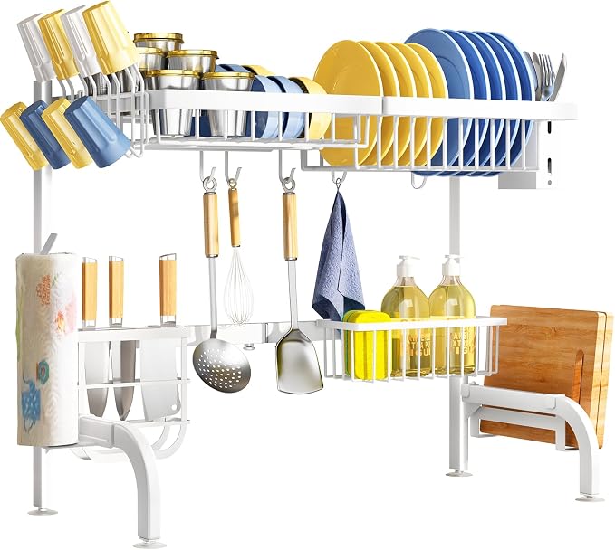 Over The Sink Dish Drying Rack, Adjustable (25.5 to 36.5 inch) 2 Tier Metal Steel Dish Drying Racks for Kitchen Counter with Hooks Paper Towel Utensil Cup Holder Sink Caddy (White) | All-in-One Large Capacity, Snap-On Design for Flexible Use, Strong Me... - Image 7