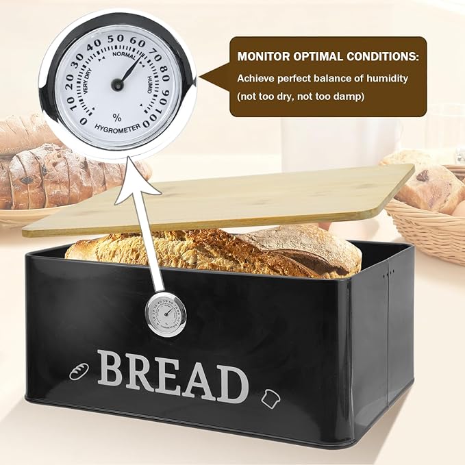 Black Bread Box for Kitchen Countertop with Bamboo lid, Hygrometer Kitchen Organizer for Sourdough, Buns, and Loaves, Bread Storage Container with Cutting Board Lid - Image 6