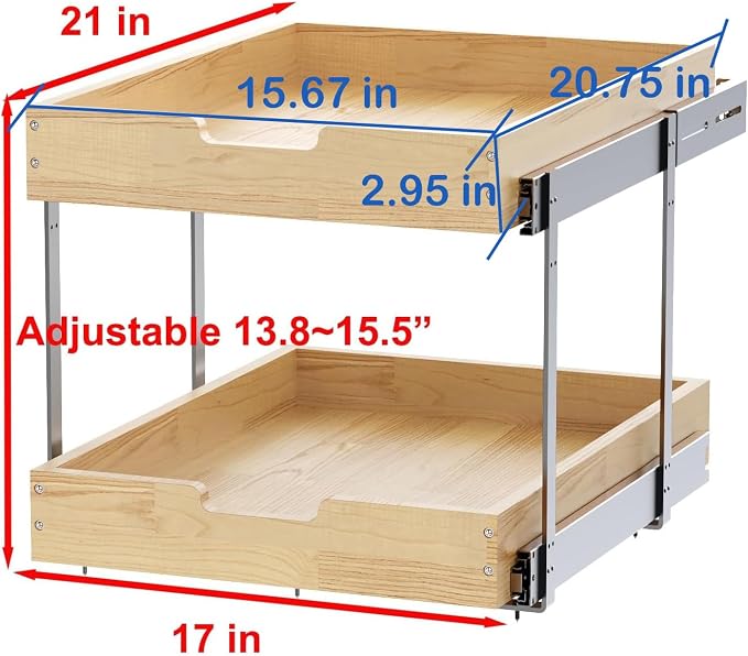 Sikarou Wood Pull Out Cabinet Organizer 2 Tie 17" W x 21" D, Heavy-Duty Sliding Drawers for Inside Cabinets Storage and Organization for Kitchen, Pantry, Bathroom - Image 2