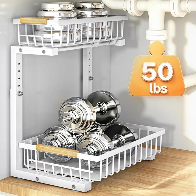 Under Sink Organizer, Height Adjustable Under Sink Organizers and Storage, 2 Tier Pull Out Drawer Cabinet Storage for Kitchen Bathroom, 1 Pack, White | cabinet organizer, 5 level adjustable, quiet sliding rails, dual suction and nano tape, no drill, ru... - Image 7