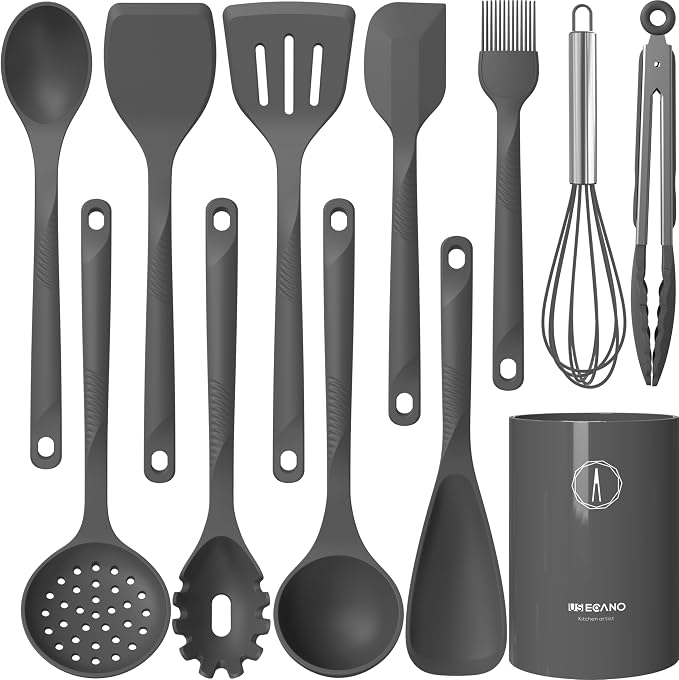 Silicone Cooking Utensils Set - 600°F Heat Resistant, Nonstick Kitchen Utensil Set with Spatulas, Spoons, Whisk, Tongs, BPA Free, Dishwasher Safe (Gray) by Unknown