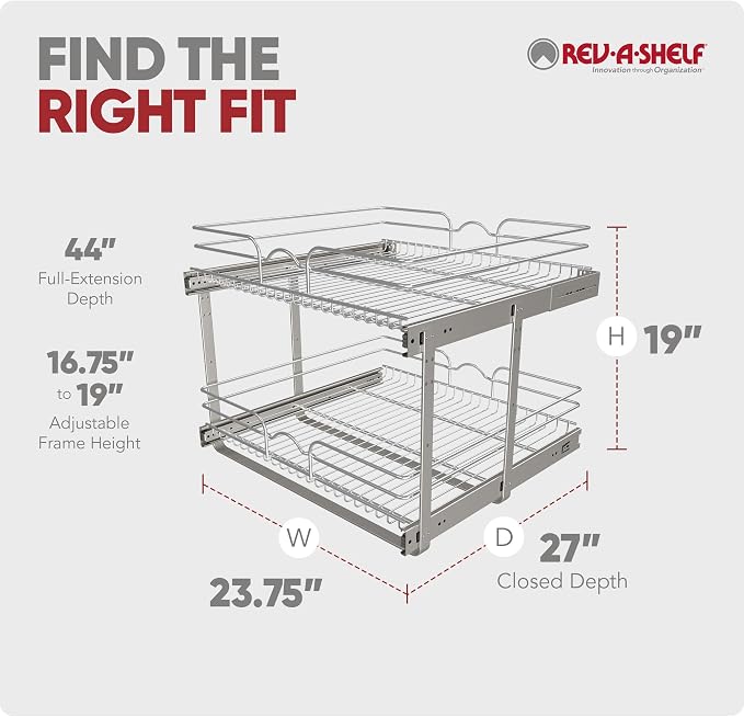 Rev-A-Shelf Pullout Organizer for Cabinets, Min Opening Width of 24" | Two-Tier Steel Shelf for Kitchen or Vanity Cabinet Organization, Heavy Gauge Wire Slide Out Storage Basket, 5WB2-2422-CR-1 - Image 6