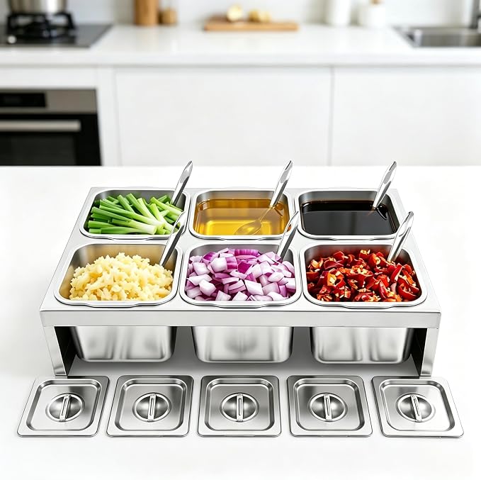 Pizza Topping Station Condiment Container Food Prep Ingredients Holder | Stainless Steel Container Set Spice Rack with 6 Pans& Lids&6* Spoons, Kitchen Restaurants Buffet Pizza Oven Accessories - Image 3