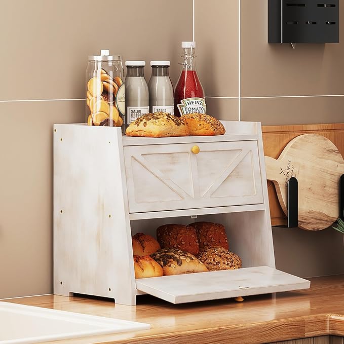 Trironsun Vintage Double Layer Bread Box for Kitchen Counter Bamboo Bread Storage Container Large Capacity Bread Storage Bin (Antique White) - Image 2