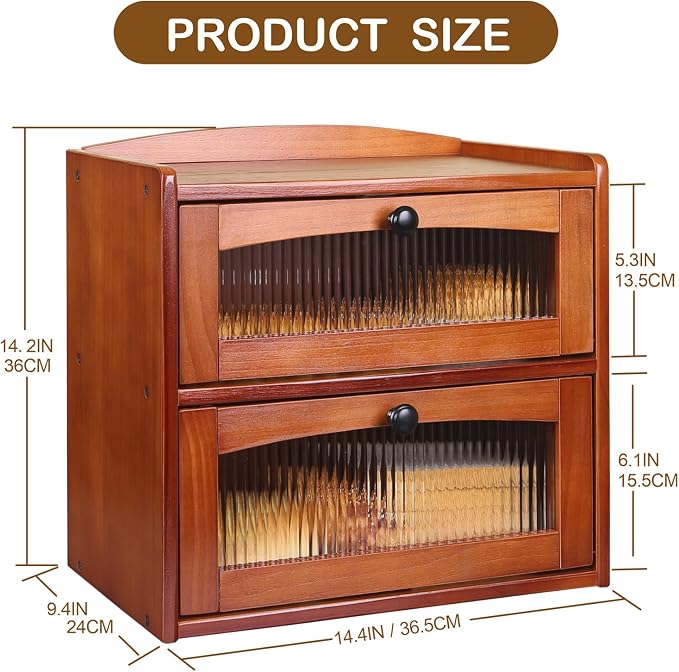 Large Wooden Bread Box for Kitchen Countertop, 2-Tier, Teak | Clear Acrylic Window Spacious Bread Storage Farmhouse Style Pantry Organization For Homemade Bread and Bagels - Image 5