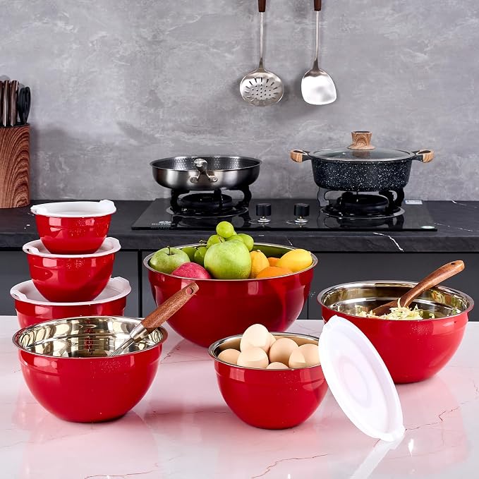 Red Mixing Bowls With Airtight Lids,Stainless Steel Bowl,Salad Bowls 7 Piece Colorful Nesting Bowl Red Kitchen Accessories,Size 7,3.6,2.7,2.1,1.5,1.1,0.8QT Stackable Design - Image 7