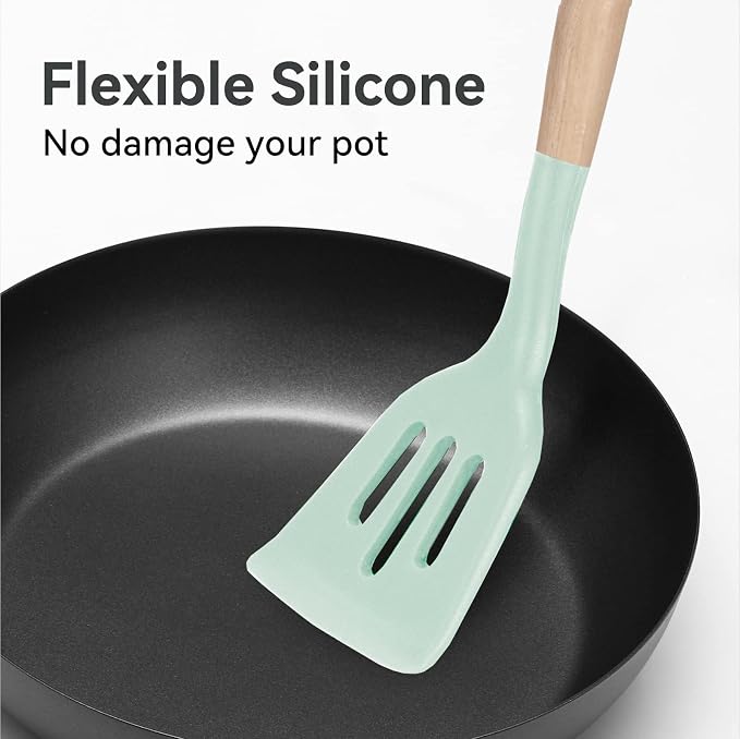 Kitchen Utensils Set, 5 Pcs Non-Stick Silicone Kitchen Cooking Utensils with Wooden Handle, Kitchen Spatula Cookware Utensils Set, Heat Resistant Silicone Kitchen Gadgets (Light Green) - Image 6