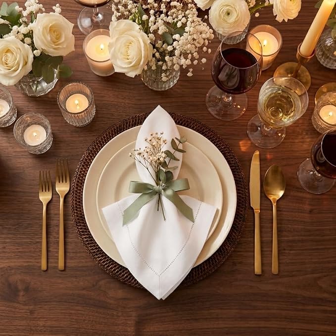 Signature Linen™ by D'Moksha White Dinner Napkins Set of 4, 20 x 20 Inch Cloth Napkins, 100% Pure Linen, Hemstitch, Machine Washable Table Napkins- Summer, Weddings, Outdoor hostings - Image 2