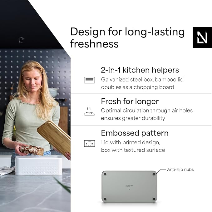 LARS NYSØM Bread Box I Metal Box for long lasting freshness I Bread Bin with bamboo lid usable as cutting board I 13.4x7.7x5.3In (Pebble Gray) - Image 2