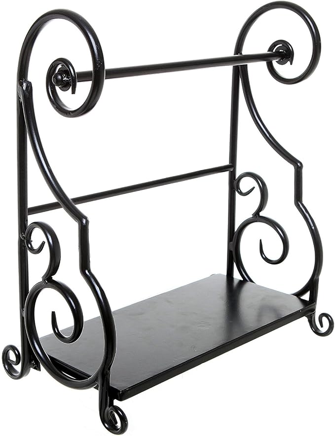 MyGift Black Metal Freestanding Paper Towel Holder Countertop with Shelf | Decorative Organizer for Kitchen, Scrollwork Design, Horizontal Storage for Spices, Napkins, and Condiments - Image 2