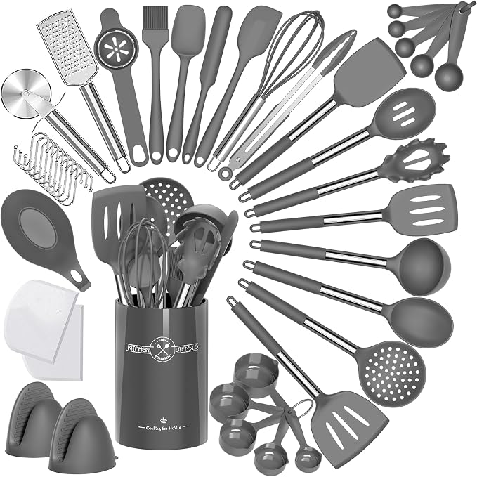 Umite Chef Silicone Kitchen Cooking Utensil Set, 43 pcs Silicone Spatula with Stainless Steel Handle, Non-stick Heat Resistant - Best Cookware (Grey) by UmiteChef