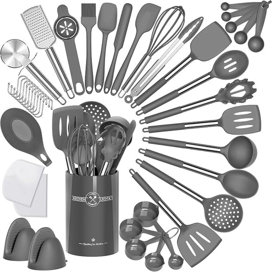 Umite Chef Silicone Kitchen Cooking Utensil Set, 43 pcs Silicone Spatula with Stainless Steel Handle, Non-stick Heat Resistant - Best Cookware (Grey) by UmiteChef
