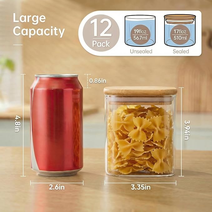 17 oz Square Glass Food Storage Containers with Airtight Bamboo Lids 12Pack | Stackable Small Pantry Jar for Spices, Nuts & Seed, Durable Borosilicate Glass Canister Keep Food Fresh, Easy to Fill & Clean - Image 3