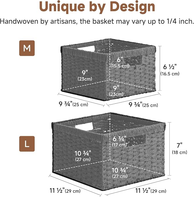 StorageWorks Wicker Baskets with Handles, Paper Rope Black Baskets, 2-Pack | Wicker Storage Baskets for Organizing, Wicker Storage Baskets for Shelves, Pantry Organizers and Storage,Black Wicker Baskets - Image 2