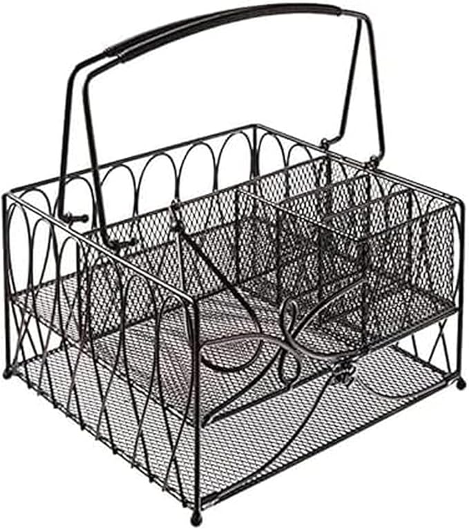 Gourmet Basics by Mikasa Loop Picnic Plate Napkin and Flatware Storage Caddy, Large Metal Organizer for Indoor and Outdoor Use, Antique Black by GourmetBasicsbyMikasa