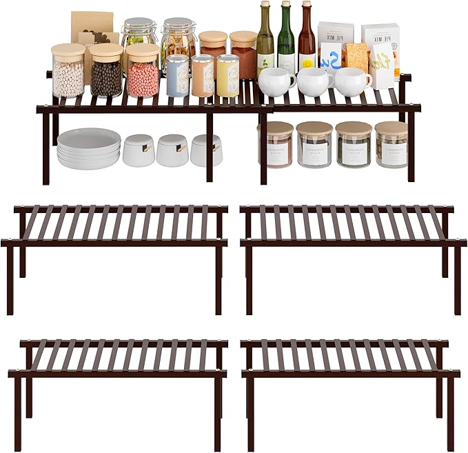 STORAGE MANIAC Expandable Cabinet Organizer Shelf, Set of 4, Brown | 15.8 inches Expandable, Stackable Wire Shelf, Spice Rack, Metal Pantry Storage for Plate Dish, Kitchen Counter Shelves by STORAGEMANIAC