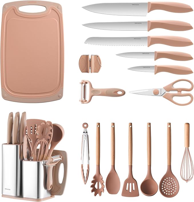 Utensil Sets,18-Piece Silicone Cooking Utensils and Knife Set,Mousse | Dishwasher-Safe Kitchen Utensils,Large Capacity Countertop Organizer for Knives,Utensils,Cutting Board by RAXCO