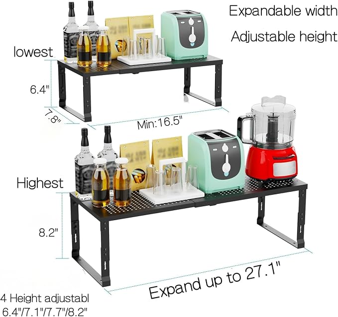 Heavy-Duty Adjustable Metal Shelf Organizer - Expandable & Stackable Pantry Storage Rack for Kitchen, Bathroom, RV, Cabinets(2 Packs/Black, Medium) - Image 3