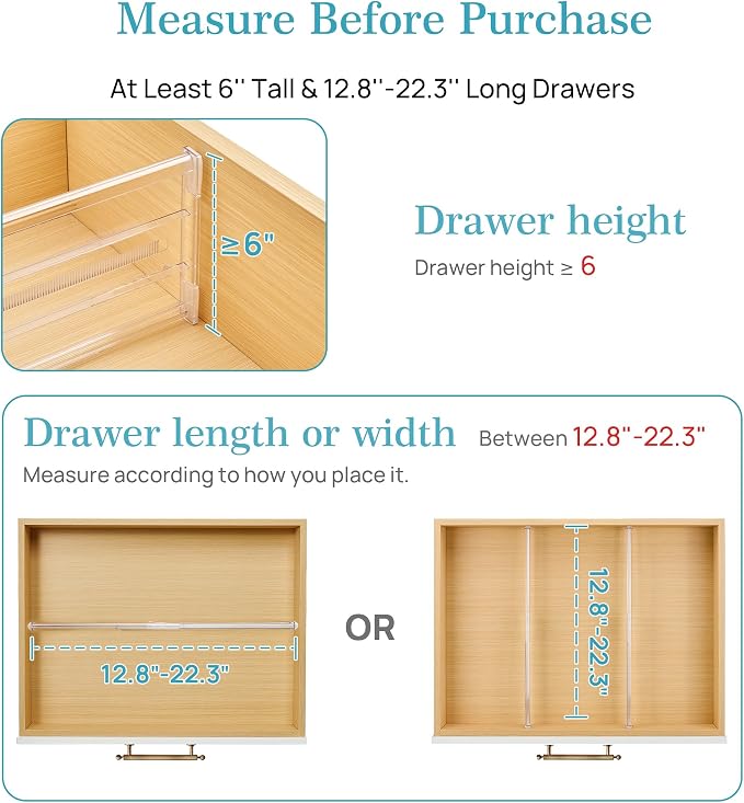 Vtopmart 8 Pack 6" Tall Upgrade Drawer Dividers for Big and Deep Drawer, 12.8"-22.3" Adjustable Expandable Dresser Drawer Organizer, Clear Plastic Separators for Dresser, Baby Supplies, Kitchenware - Image 2