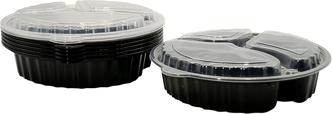 3 Compartment 33oz Black Round Meal Prep Containers with Lids, Reusable Bento Box, Food Storage Containers | BPA Free | Stackable | Lunch Boxes, Microwave/Dishwasher/Freezer Safe (25) - Image 5