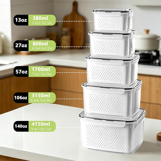 5 Pack Fruit Storage Containers for Fridge,Produce Container for Fridge with Removable Colanders,Leakproof Refrigerator Organizers and Storage for Produce Berry Vegetable Salad Meat Food Keep Fresh - Image 2