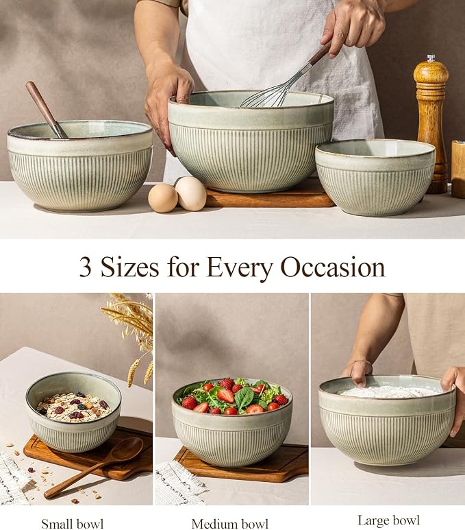 GBhome Ceramic Mixing Bowls Set of 3, Stoneware Nesting Serving Bowls, | 45/90/150 oz For Prep, Baking, Serving, Gift, Microwave and Dishwasher Safe, Ribbed Dishware Collection,Desert Sage - Image 4