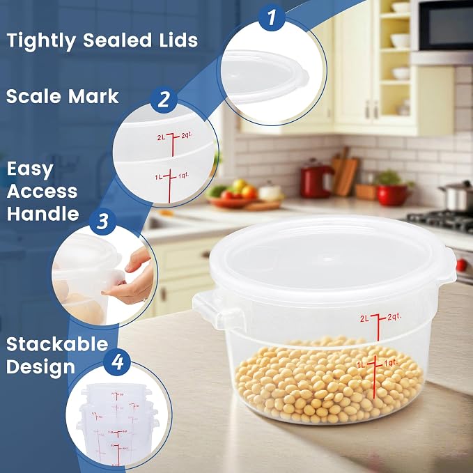 4 Pack 2QT Round Food Storage Containers with Lids | NSF, BPA-free PP containers with scale, label and measuring cup, stackable for prep, storage, freezer. Dishwasher safe - Image 4