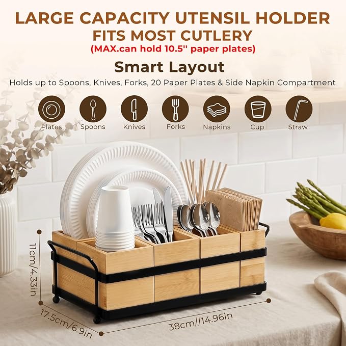 5-in-1 Bamboo Utensil Caddy and Paper Plate Organizer - Wooden Silverware Caddy with Napkin Holder and Portable Handle - Flatware Organizer for Kitchen Countertop, Camper RV, Buffet Party - Image 3