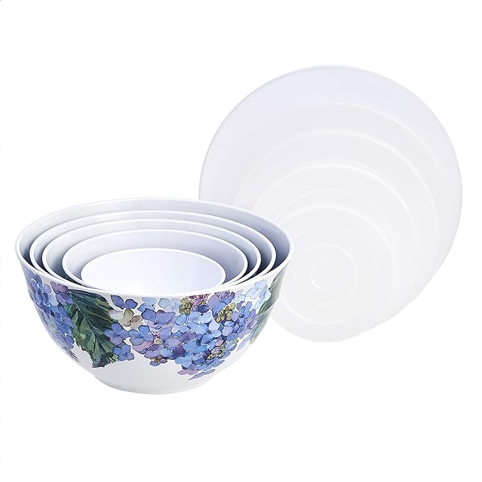 Amazon Basics Mixing Bowls with Lids, Nesting Melamine Serving Bowls, Non-Slip Base, BPA Free, Dishwasher Safe, 5 Sizes, Hydrangea Floral, Set of 10 (Pack of 2) - Image 2
