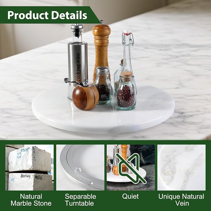 Marble Lazy Susan, 16 in Lazy Susan Turntable Organizer for Cabinet Pantry Kitchen Countertop Fridge Bathroom Makeup Vanity Countertop - White - Image 3